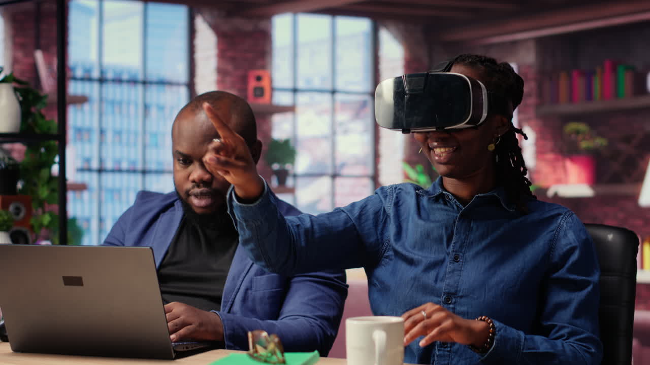 African American woman explores virtual reality using a VR headset