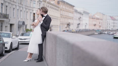 romantic couple in city wedding photo