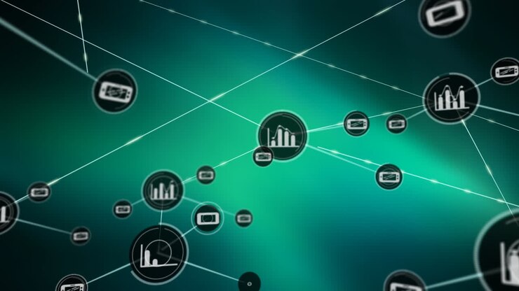 Animation of network of connections with icons over green background