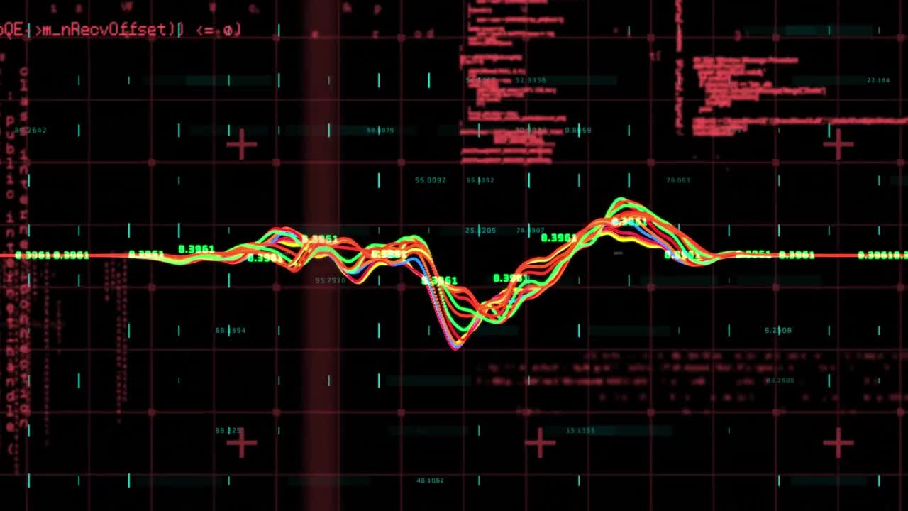 Animation of data processing over grid network against black background