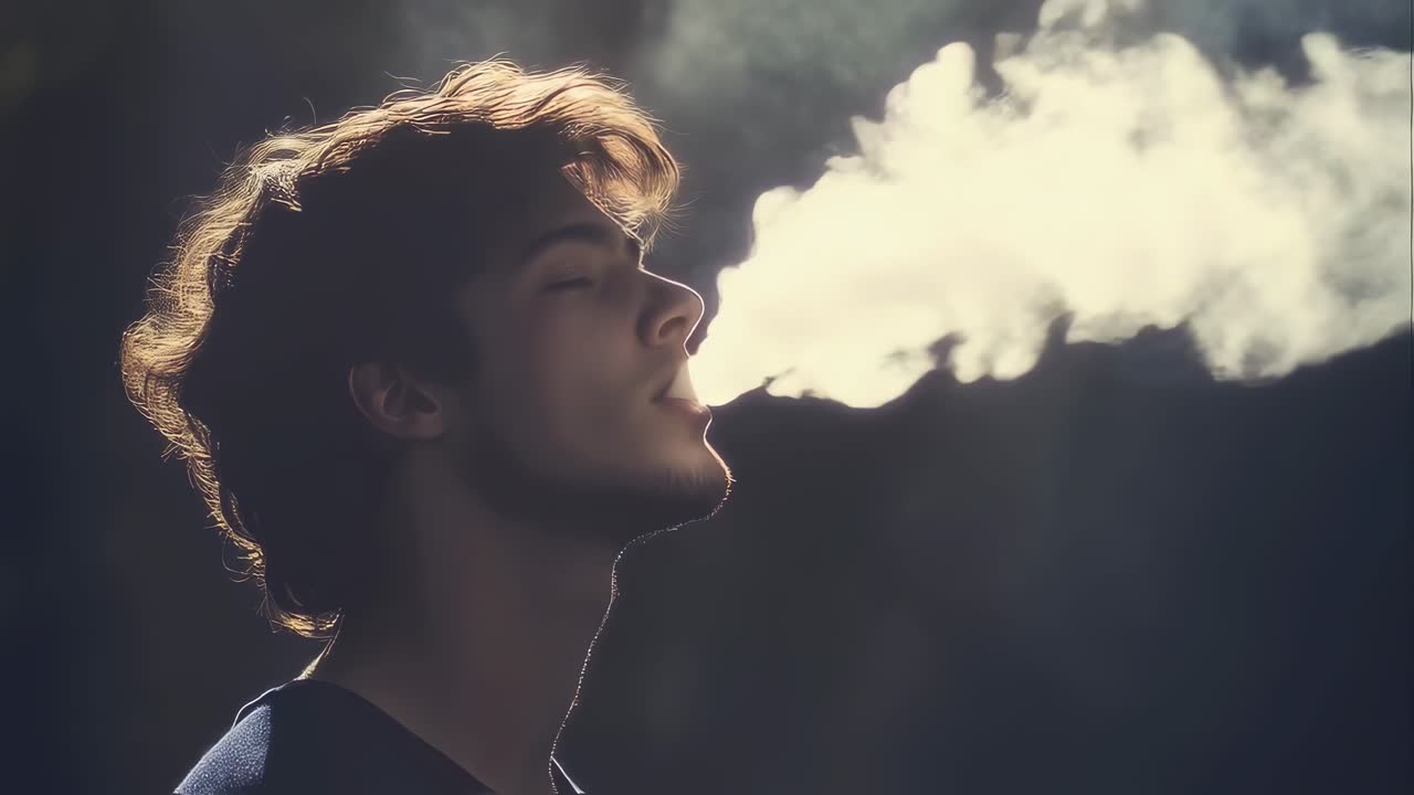 Contemplative male profile with brown hair exhaling dense smoke cloud against shadowy background, capturing dramatic moment of nicotine consumption in moody studio setting