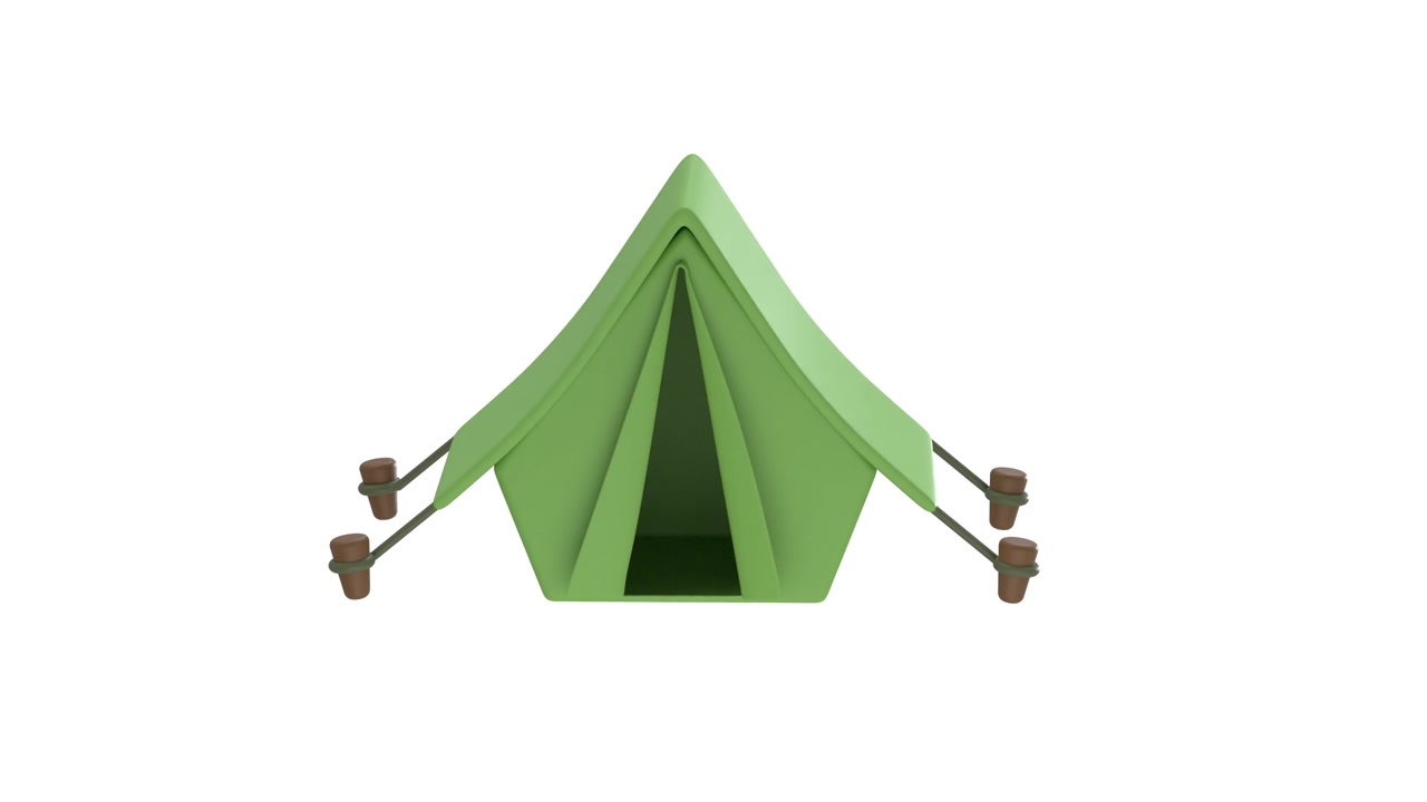 Rendering 3D di una tenda da campeggio verde in rotazione su sfondo bianco