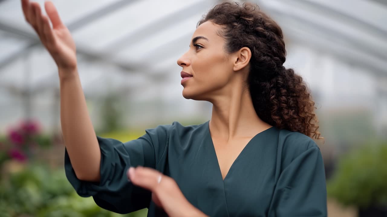 Jonge vrouw bladert en wandelt door een plantenkwekerij