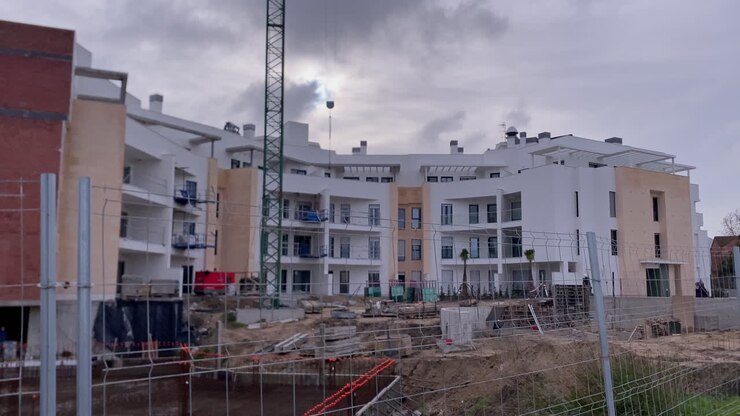 Nuovo sviluppo residenziale in corso con gru e strutture in cemento. Crescita edilizia e infrastrutture a Sanlucar de Barrameda.