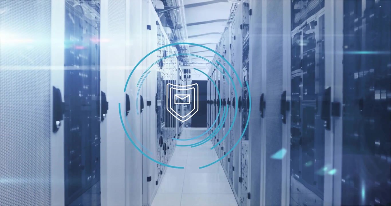 Digital Security Icon Over Server Room Corridor