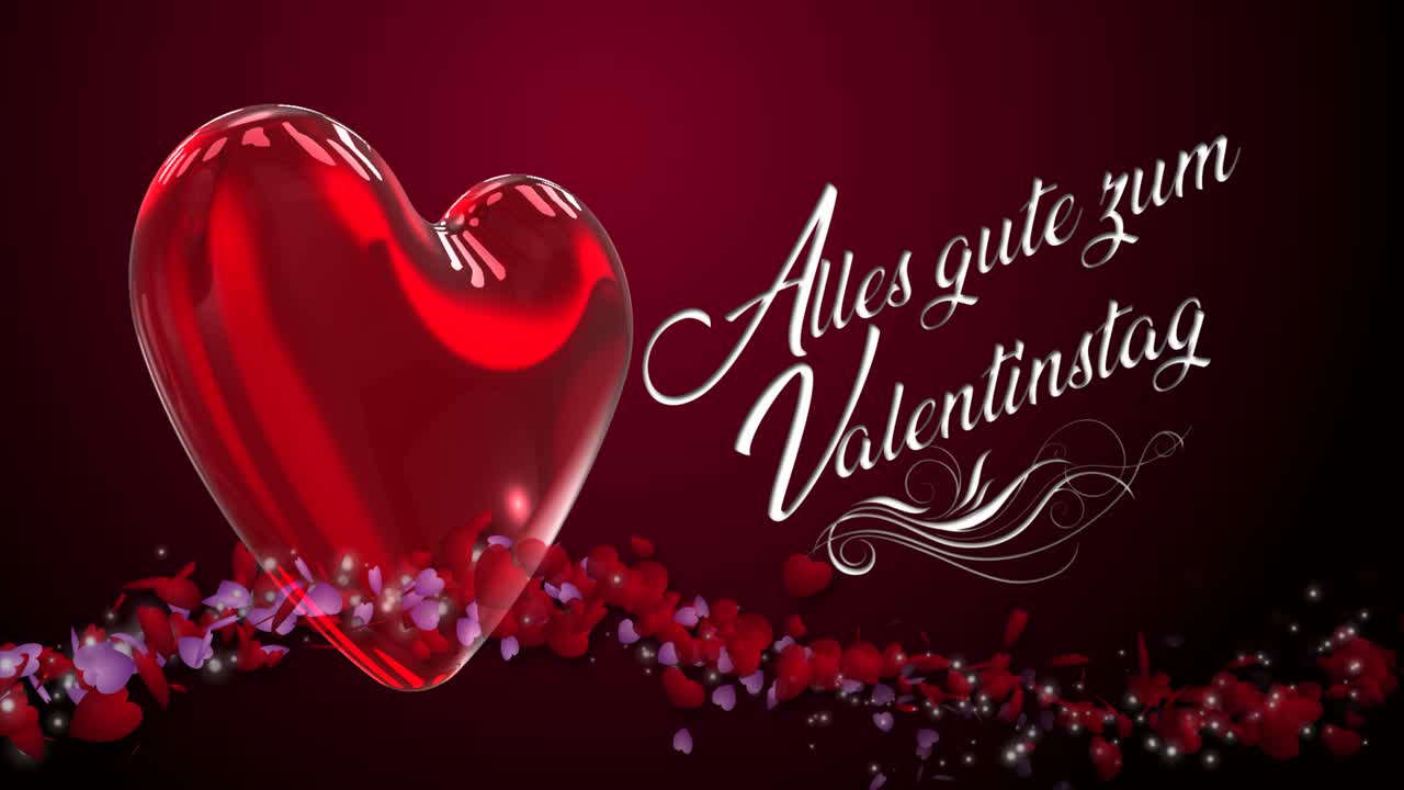 gráfico de movimiento estacional de alta calidad que celebra el día de san valentín, con un esquema de color rojo intenso y una corriente de corazones pequeños - el mensaje alemán dice "alles gute zum valentinstag