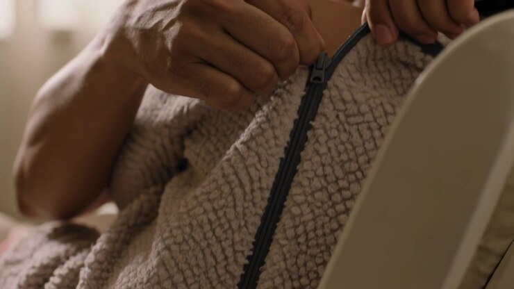 Reaching hands grasping zipper slider and pulling fleece robe closed seated at home
