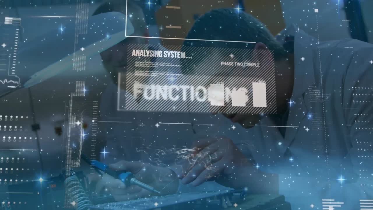 Animation of interface with data processing over two caucasian male engineers working at factory