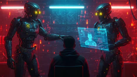 futuristic scene featuring police robots interacting with a human, projecting holographic data in a neon-lit high-tech environment