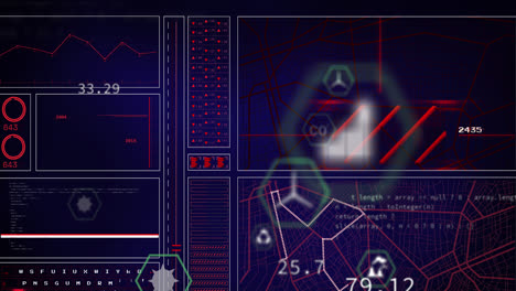 animation of digital icons over interface with data processing against blue background