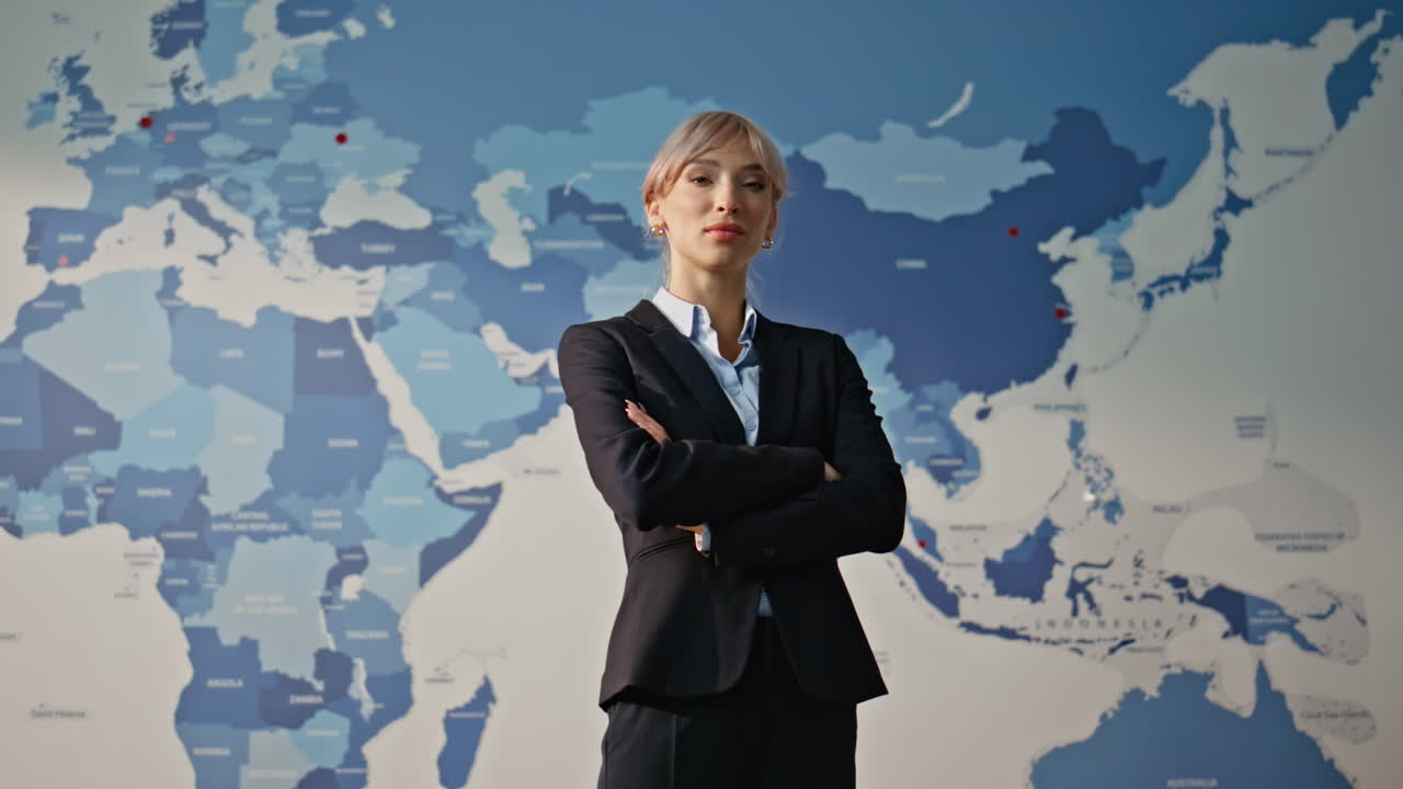 Business analyst woman posing world map background portrait. Lady looking camera