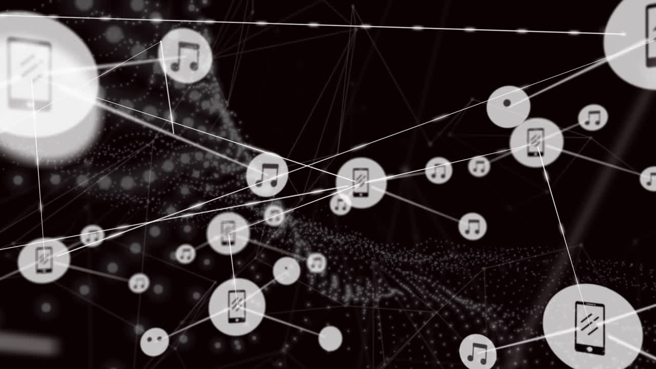 검은 바탕에 파동 패턴을 통해 선으로 상호 연결된 아이콘의 애니메이션