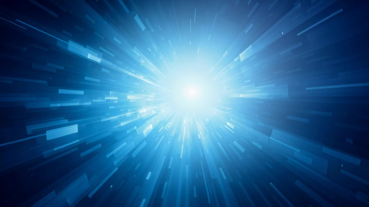 Sparking blue core sending rays in space tunnel, casting shards specks outward, suggesting motion