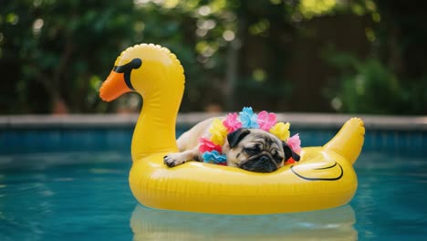 a relaxed pug enjoys a sunny day on a bright yellow inflatable duck while adorned with colorful floral accessories in a refreshing swimming pool