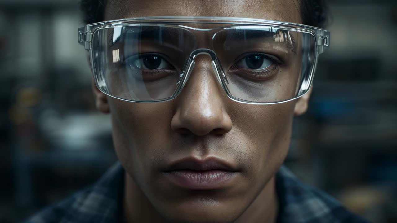 Camera starting male tech holding steady gaze at workshop with safety goggles and flannel shirt