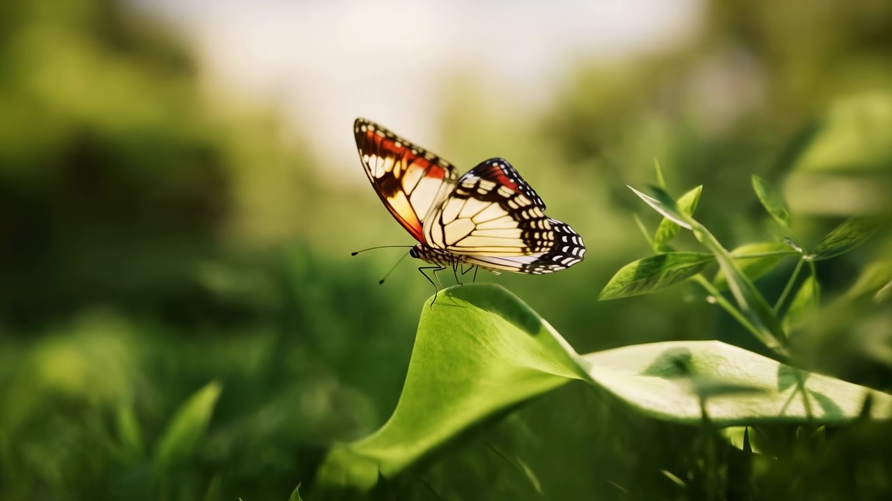 Farfalla posata su una foglia verde illuminata dal sole, delicata ripresa macro di una farfalla che si posa su una foglia lucida.