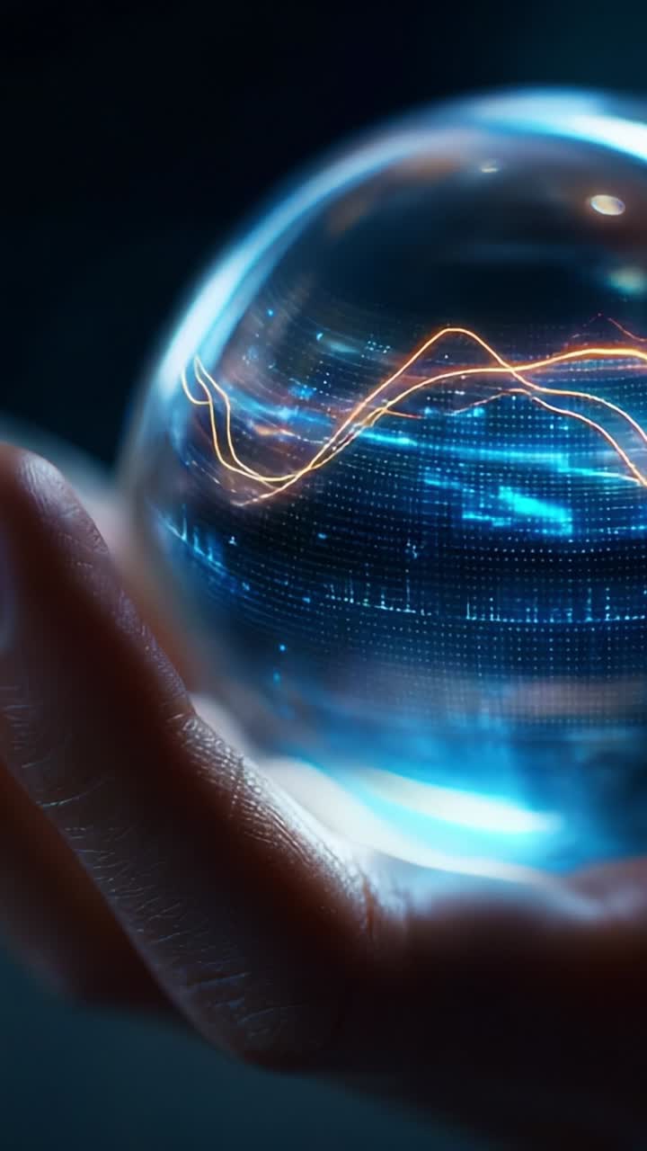 A hand gently cradles a glowing, futuristic crystal ball that displays colorful data patterns and dynamic visuals, symbolizing technology and innovation