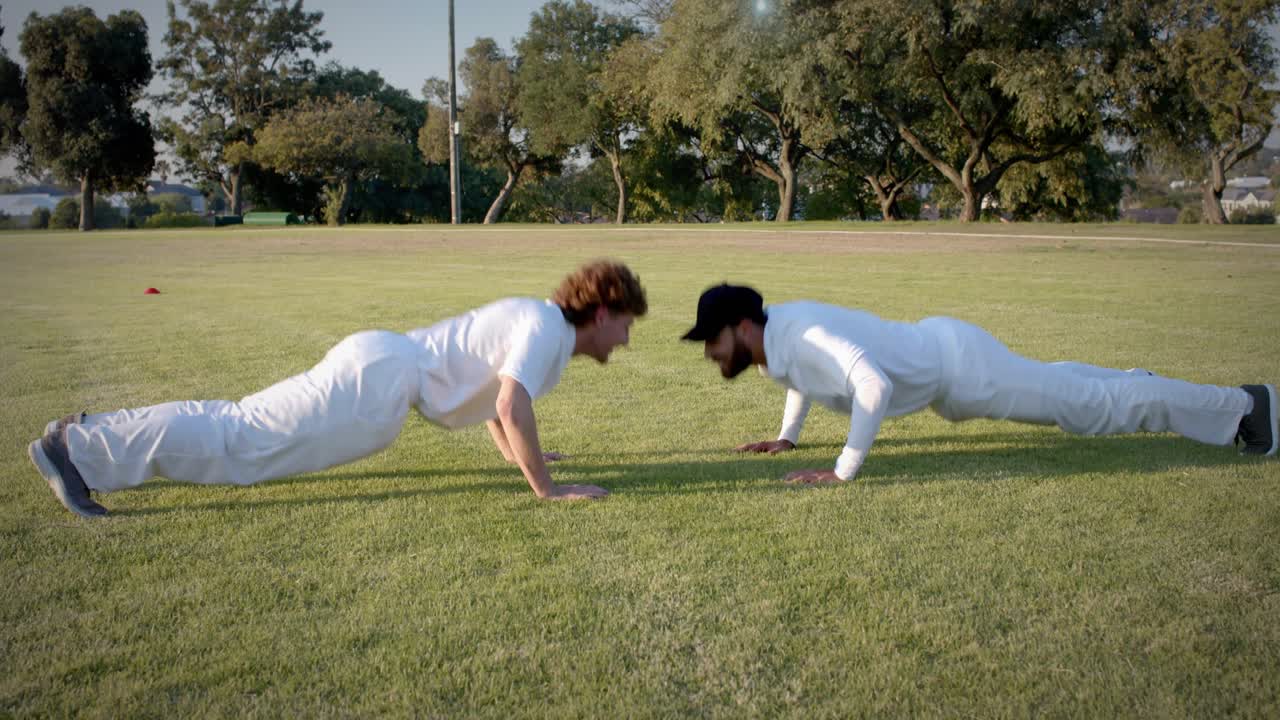 Training partners making eye contact, mirroring push-ups on grass, tapping palms for fitness