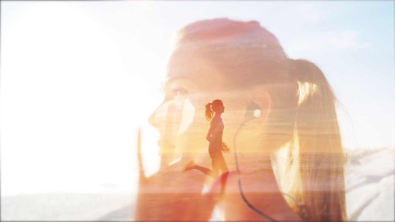 Woman running on beach in double exposure
