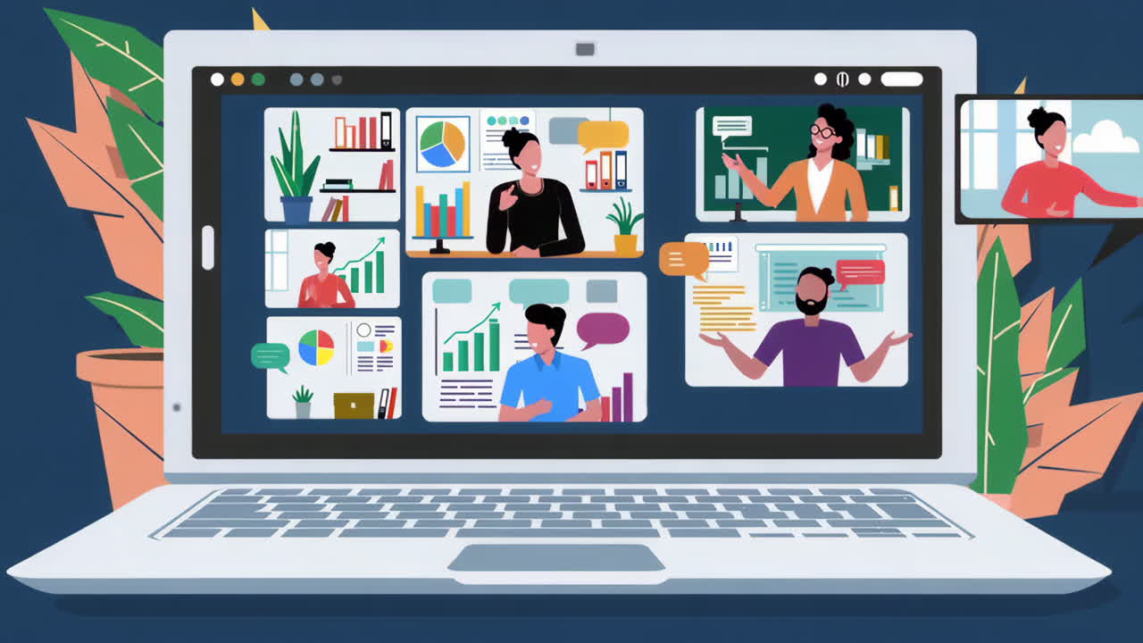 A laptop displaying a virtual meeting or video conference with multiple participants and business graphics
