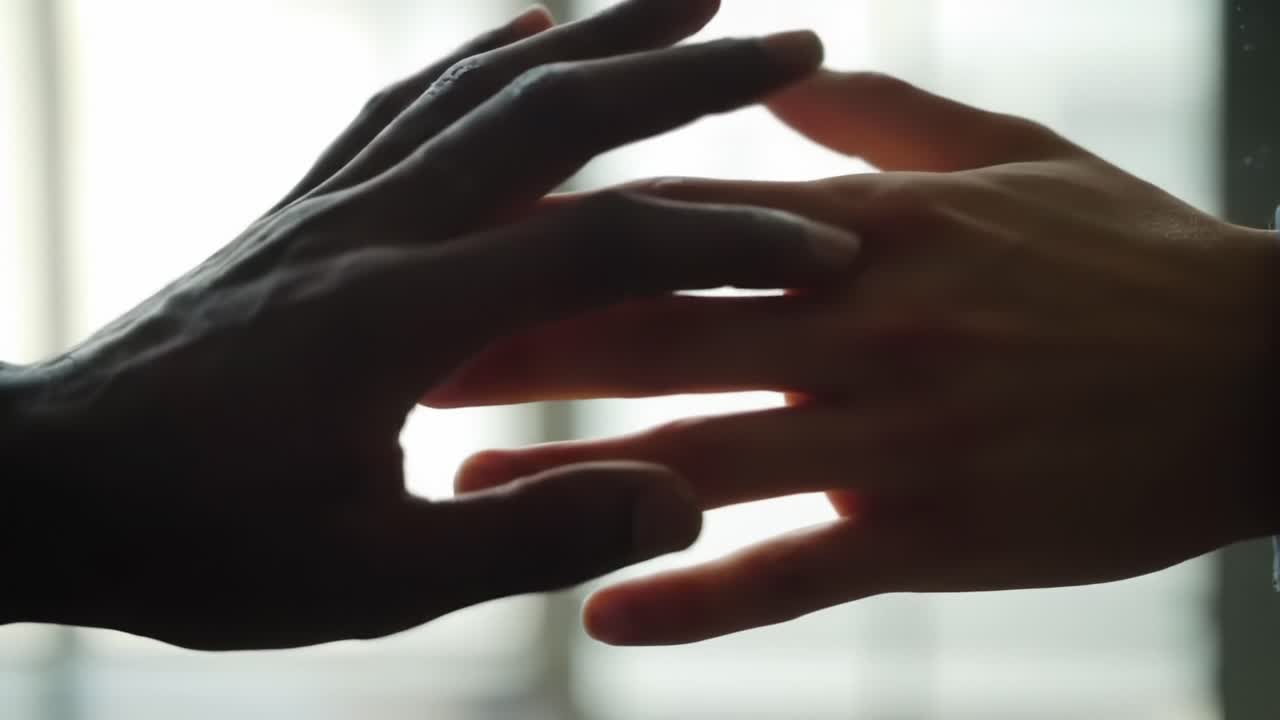 A close-up view of two hands reaching out towards each other, symbolizing connection, empathy, and the human experience in a serene, softly lit environment