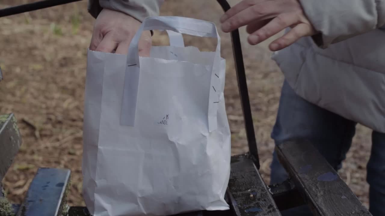 Unpacking healthy packed lunch on park bench medium shot