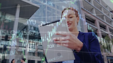 animation of stock market data processing against caucasian woman using tablet outside office