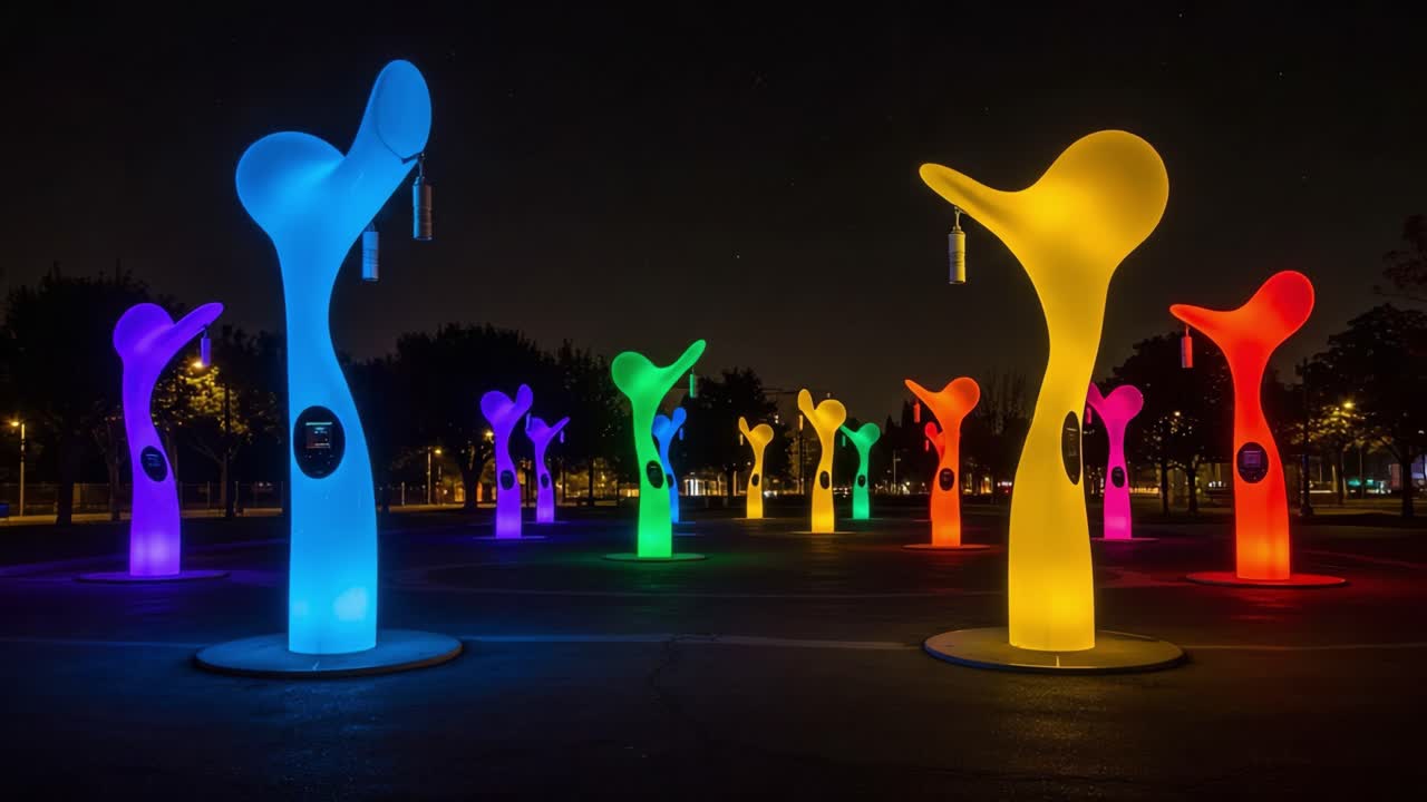 A Vibrant Display of Illuminated Sculptures Transforming the Nightscape with Colorful Light and Unique Artistic Design in an Outdoor Environment