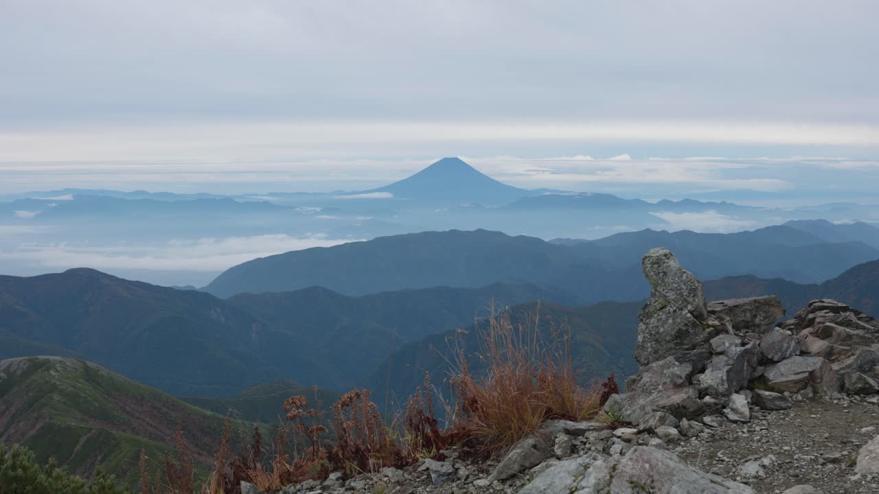 Mt. Fuji and mountain ranges view from top of Mt. Kitadake, Japanese Alps