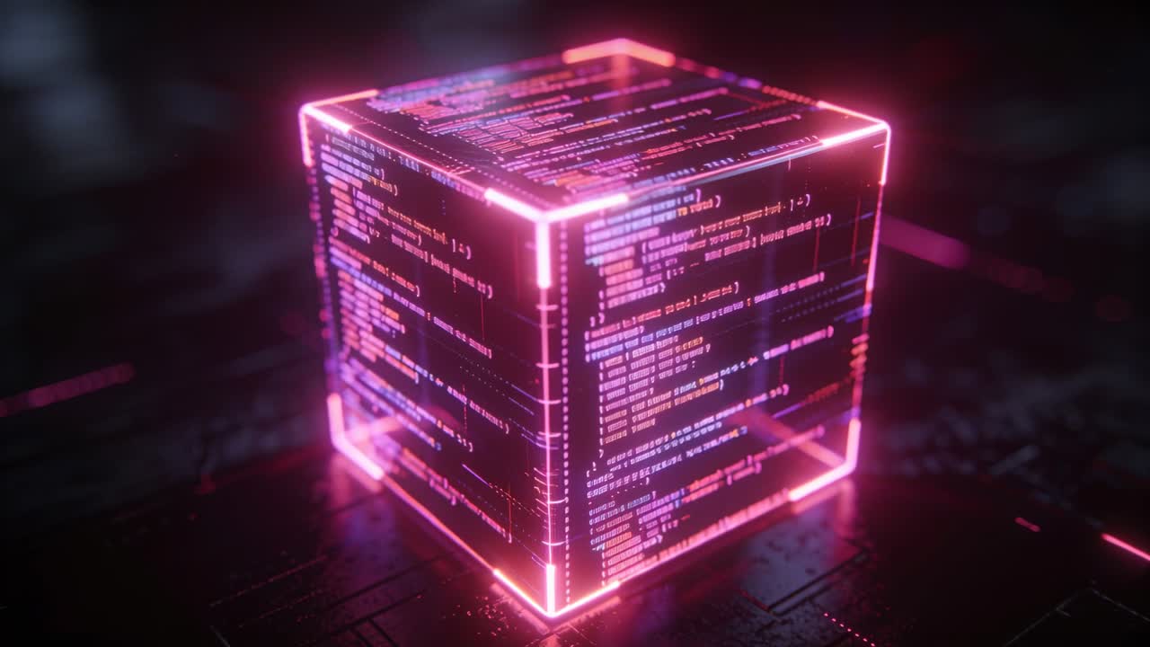 Floor panels pulsing, initiating neon cube rotating on reflective floor, revealing code for tech