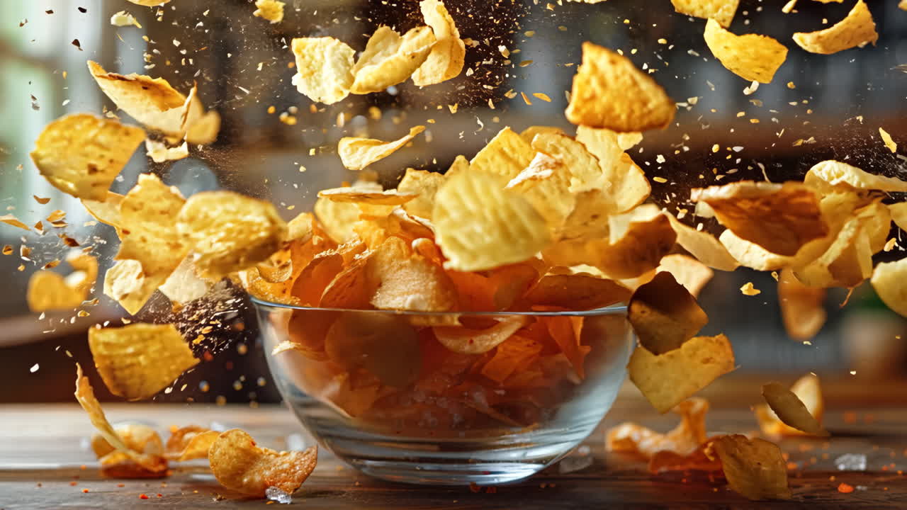 A bowl of potato chips is scattered on a wooden table. The chips are in various stages of being eaten, with some still in the bowl and others on the table