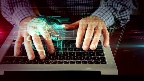 hombre escribiendo en el teclado de la computadora portátil con holograma de cabeza cibernética