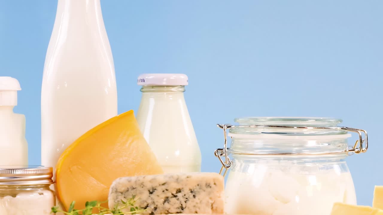A variety of dairy products including cheese, milk, and yogurt jars against a blue background.