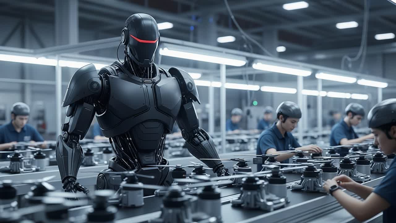 The Futuristic Factory: A Robotic Overseer in a High-Tech Assembly Line, Integrating Advanced Technologies While Human Workers Focus on Precision Manufacturing Tasks.