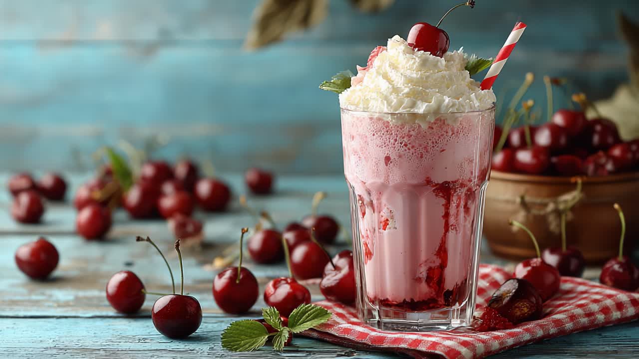 Delicious Cherry Milkshake Served with Whipped Cream and Garnished with a Cherry, Surrounded by Fresh Cherries on a Rustic Blue Background