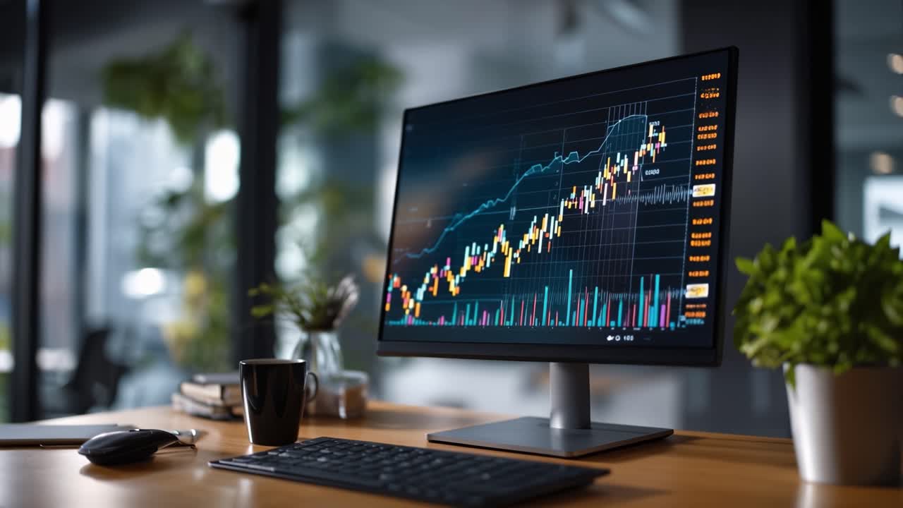 Panoramica di uno spazio di lavoro moderno con un computer che mostra le tendenze del mercato azionario e dati finanziari in un ambiente interno vivace.