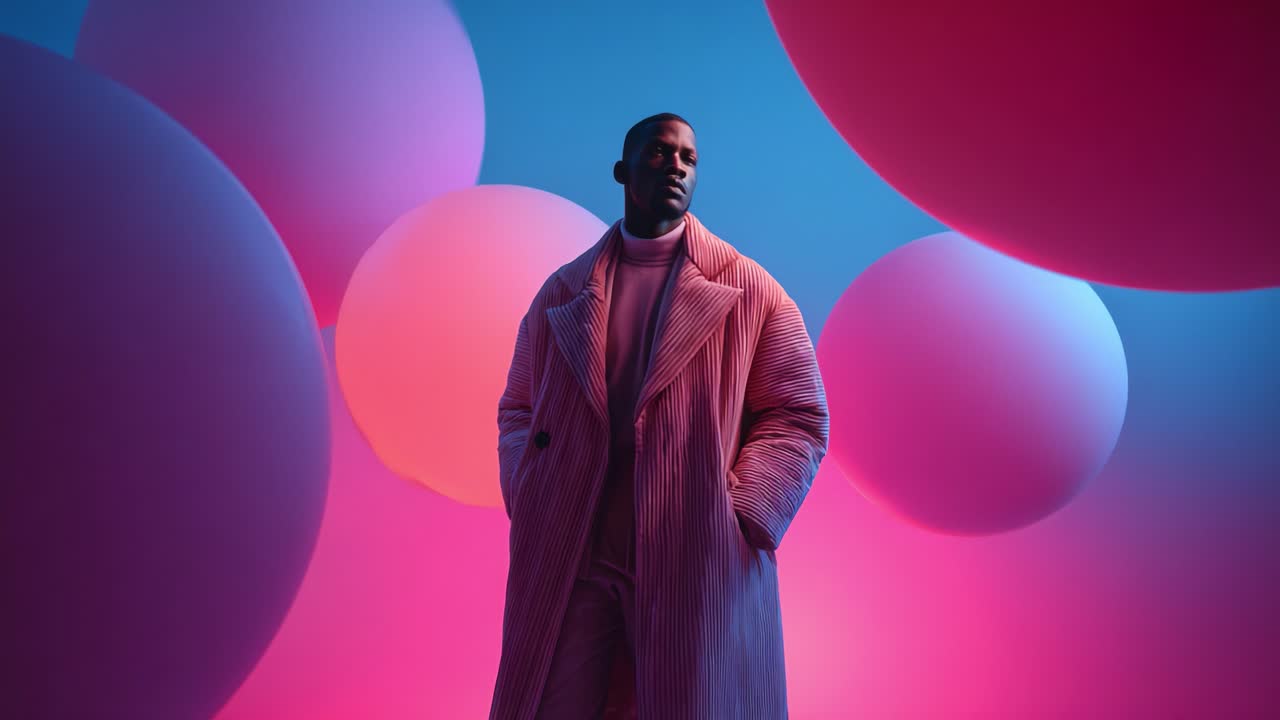 A striking portrait of a male model in an oversized striped coat, set against a vibrant abstract background with colorful spheres radiating pink and blue hues, showcasing contemporary fashion and artistic expression