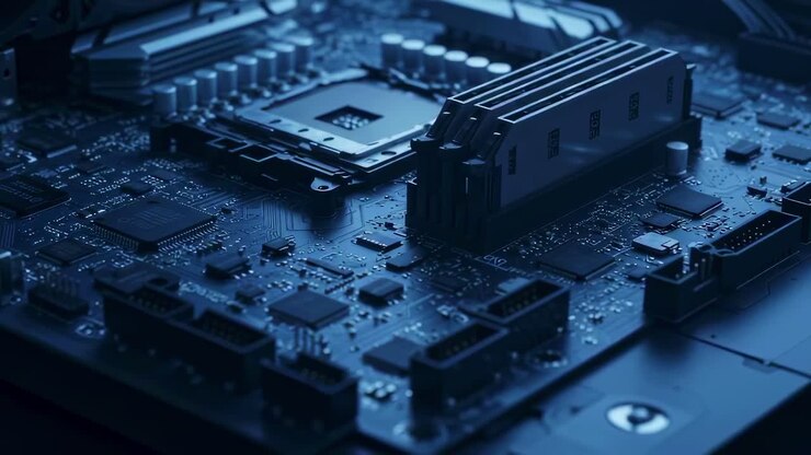 Delving deep into the intricate details of a computer motherboard illuminated by captivating blue lighting during a tech workshop event