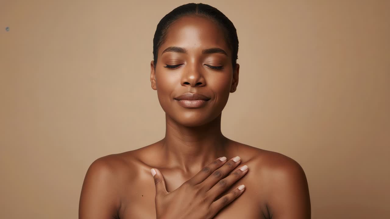 Femme respirant pendant un enregistrement, main sur la poitrine et épaules nues sur un fond beige pour un effet de calme