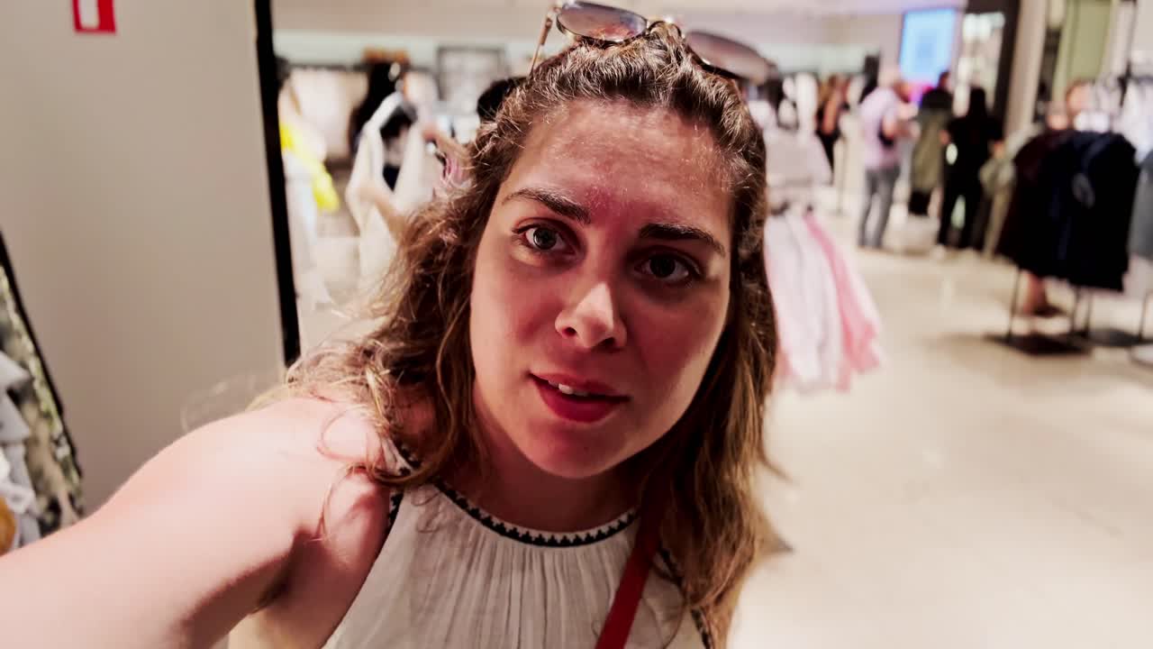 Expressive Young Woman Vlogging Her Retail Shopping Journey