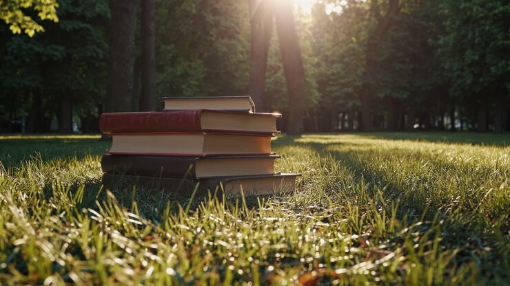 Inquadratura video dal basso di una pila di libri sull'erba, immersa nella calda luce del sole, con uno sfondo