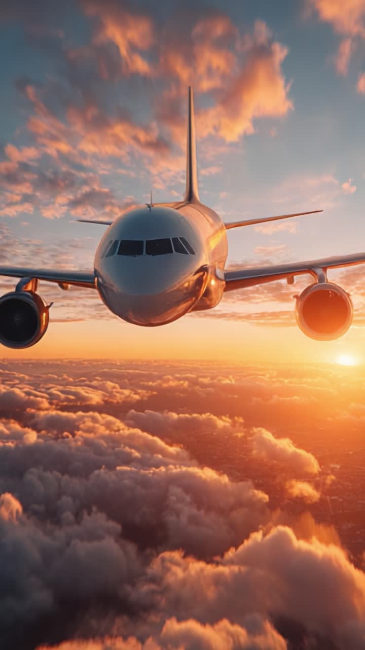 An Airplane Gliding Through Colorful Cloudy Skies at Sunset, Capturing the Beauty of Aviation and Nature's Splendor with Glowing Orange and Pink Hues