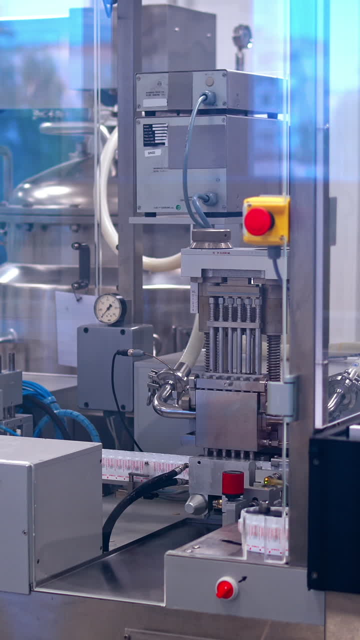 Production of pills. Automatic industry of making tablets. Robotic pharmaceutical equipment inside the plant. Vertical video