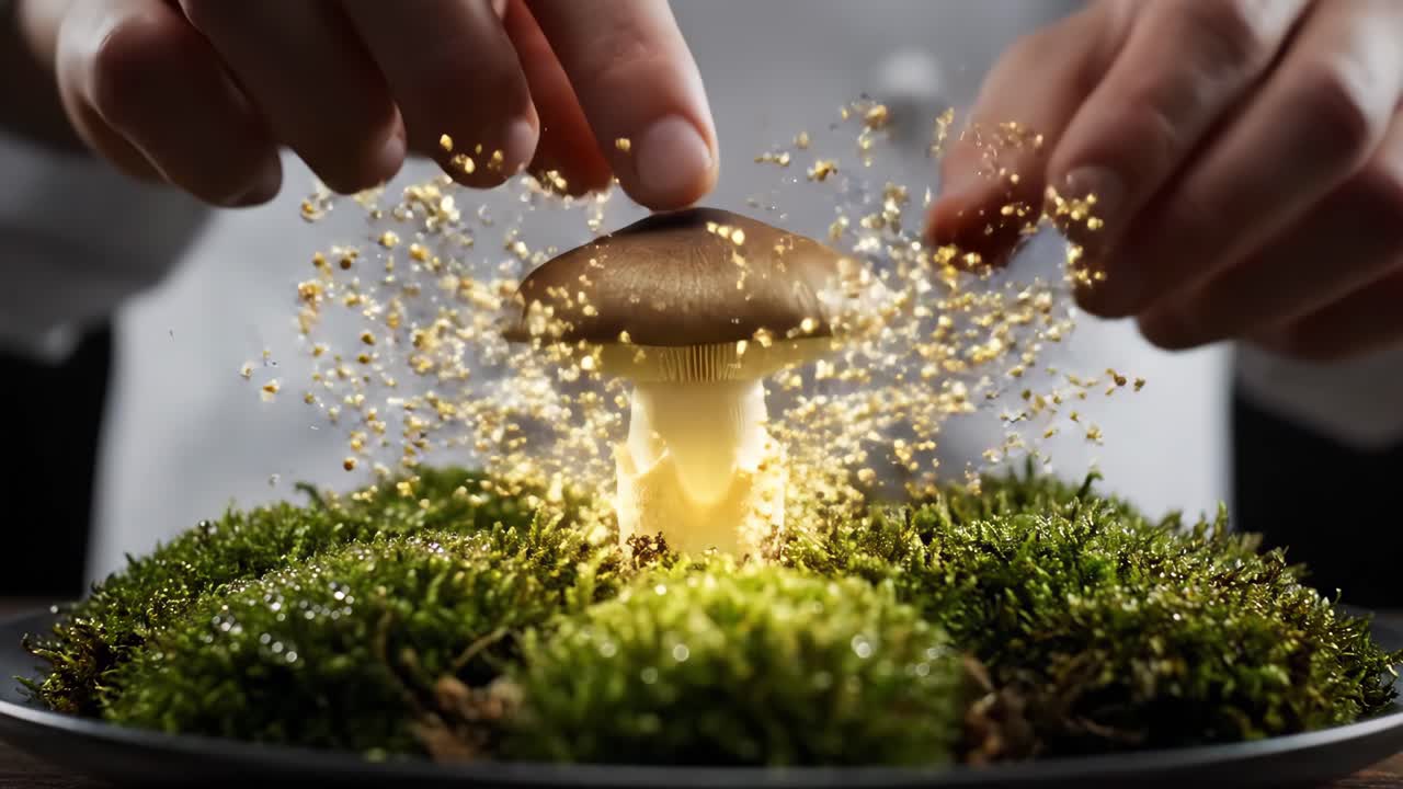Mushroom on Moss Displayed with Hands
