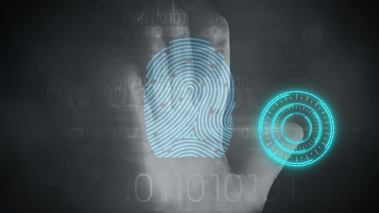 Human hand scanning against biometric scanner and glowing round scanner against binary coding