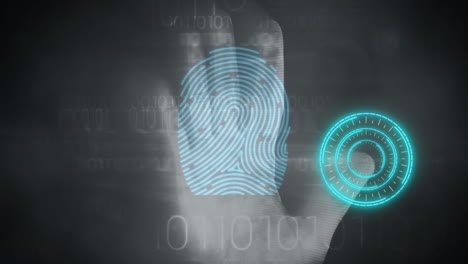 human hand scanning against biometric scanner and glowing round scanner against binary coding