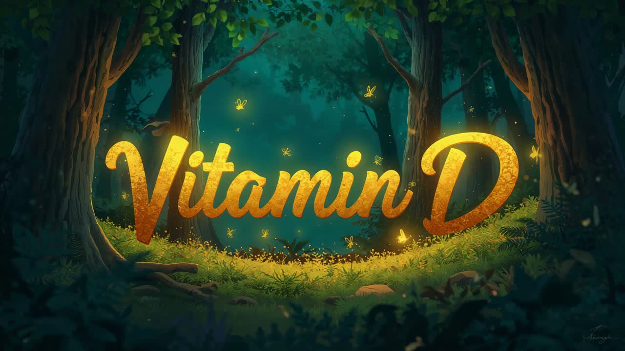 Glödande gyllene text Vitamin D som värmer upp en skogsglänta, vilket får eldflugor att stiga och gräset att glöda