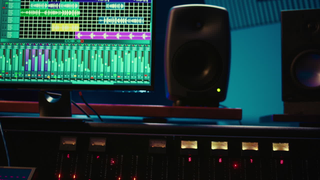 sala de control de estudio profesional con botones de preamplificación y faders