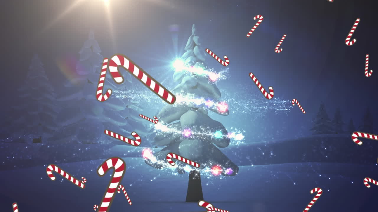 겨울 배경 에  ⁇ 는 별 과 크리스마스 트리 위 에 떨어지는 사탕수수 의 애니메이션