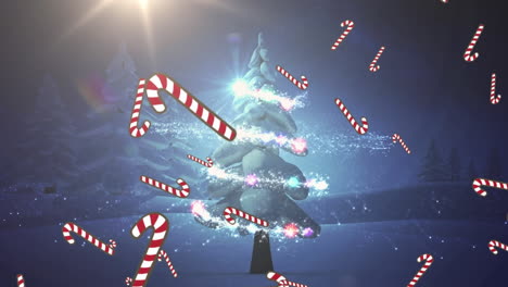 animación de bastones de caramelo cayendo sobre la estrella fugaz y el árbol de navidad en el fondo de invierno